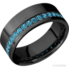 8 mm wide/Flat/Zirconium band with a Off Center Eternity arrangement of .03 carat Round Lab Blue Diamond stones in a Bead setting.