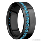 8 mm wide/Flat/Zirconium band with a Off Center Eternity arrangement of .03 carat Round Lab Blue Diamond stones in a Bead setting.