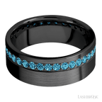 8 mm wide/Flat/Zirconium band with a Off Center Eternity arrangement of .03 carat Round Lab Blue Diamond stones in a Bead setting.