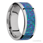 8 mm wide/Flat/Cobalt Chrome band with one 6 mm Centered inlay of Blue Green Opal.