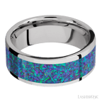 8 mm wide/Flat/Cobalt Chrome band with one 6 mm Centered inlay of Blue Green Opal.