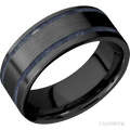 8 mm wide/Flat/Zirconium band with two 1 mm Wide inlays of Sodalite.