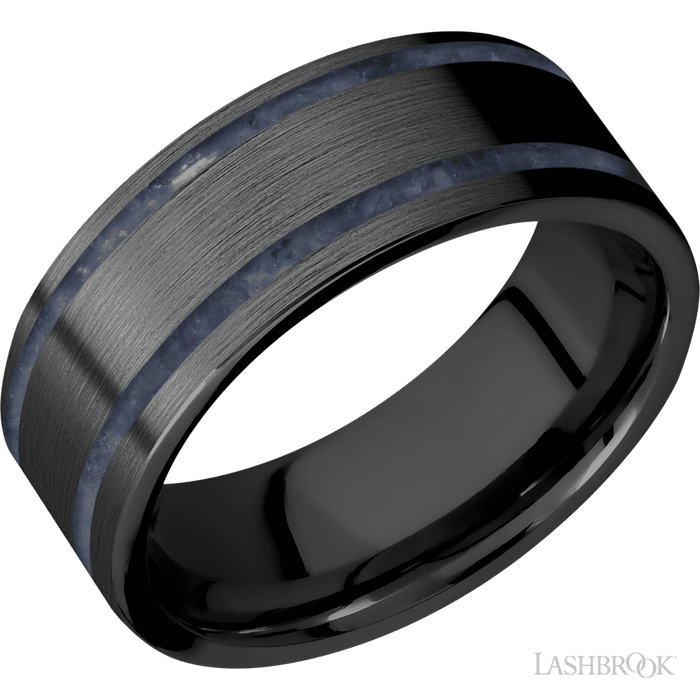 8 mm wide/Flat/Zirconium band with two 1 mm Wide inlays of Sodalite.