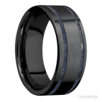 8 mm wide/Flat/Zirconium band with two 1 mm Wide inlays of Sodalite.