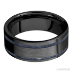 8 mm wide/Flat/Zirconium band with two 1 mm Wide inlays of Sodalite.