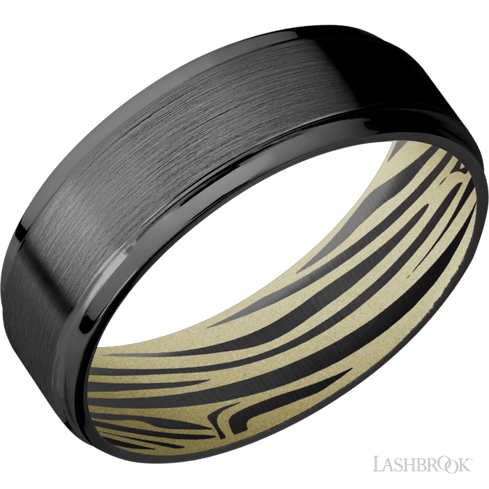 7 mm wide Flat Grooved Edges Zirconium band featuring a Bright Nickel sleeve.