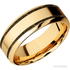 8 mm wide/High Bevel/14K Yellow Gold band with two 1 mm Wide inlays of Gold Tiger Eye.