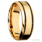 8 mm wide/High Bevel/14K Yellow Gold band with two 1 mm Wide inlays of Gold Tiger Eye.