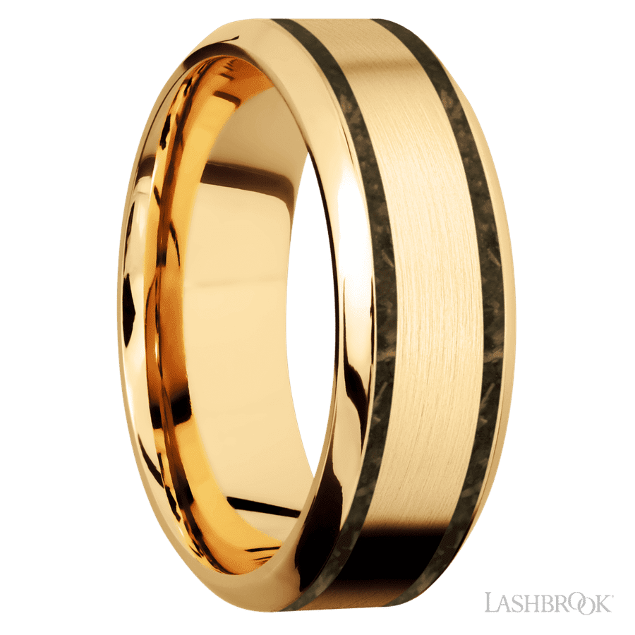 8 mm wide/High Bevel/14K Yellow Gold band with two 1 mm Wide inlays of Gold Tiger Eye.