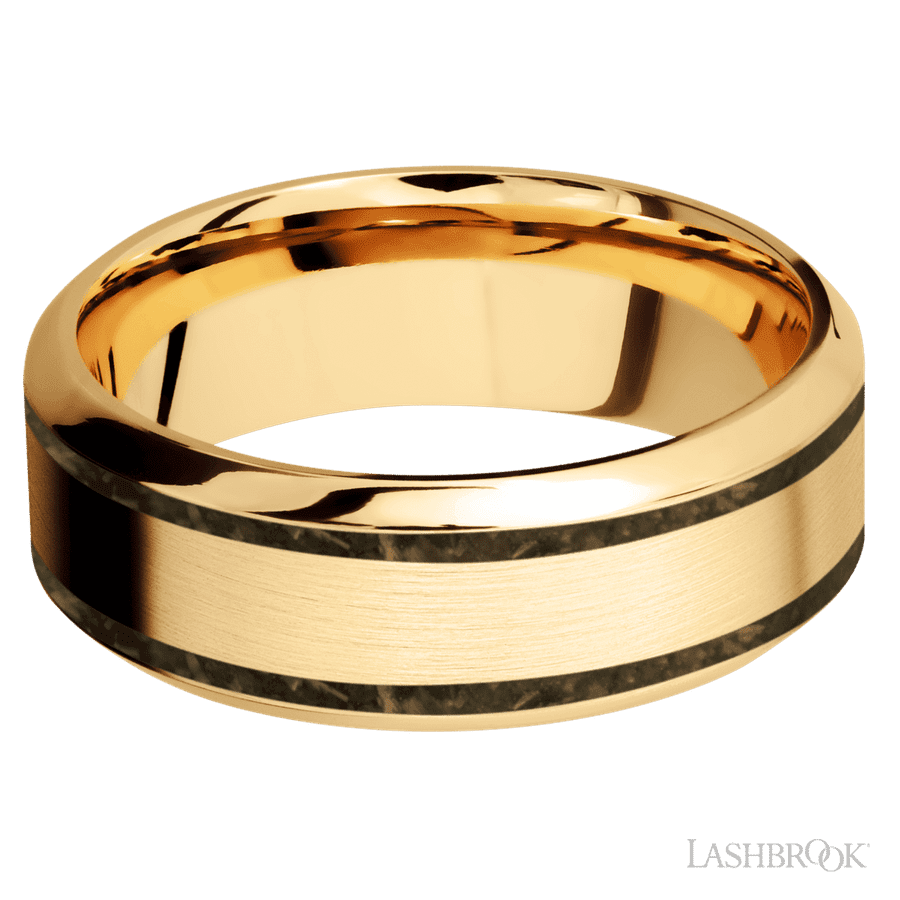 8 mm wide/High Bevel/14K Yellow Gold band with two 1 mm Wide inlays of Gold Tiger Eye.