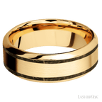 8 mm wide/High Bevel/14K Yellow Gold band with two 1 mm Wide inlays of Gold Tiger Eye.