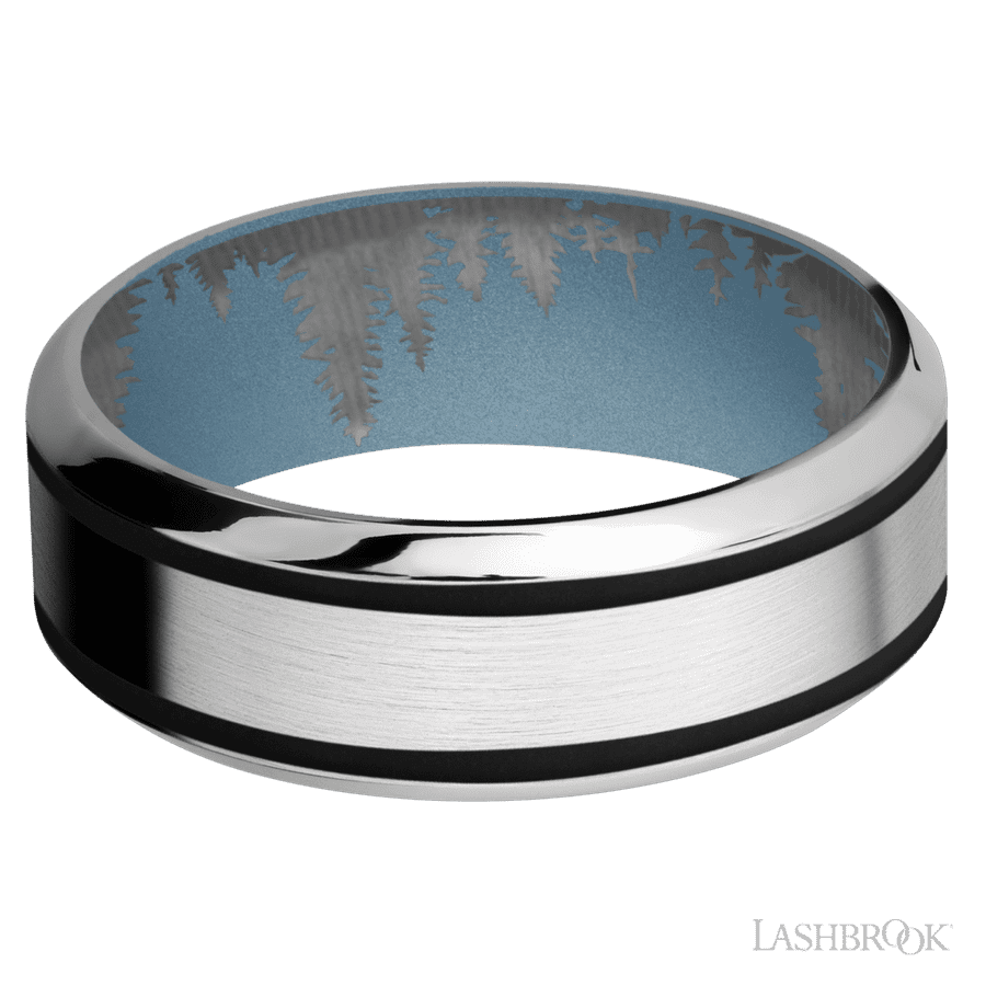 8 mm wide/High Bevel/Cobalt Chrome band with two 1 mm Wide inlays of Black also featuring a Polar Blue sleeve.