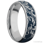 7 mm wide/Domed/Titanium band with a laser carved Black Leaf pattern.
