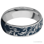 7 mm wide/Domed/Titanium band with a laser carved Black Leaf pattern.