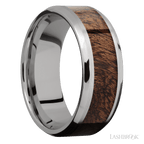 8 mm wide/Beveled/Titanium band with one 5 mm Centered inlay of Sapele.