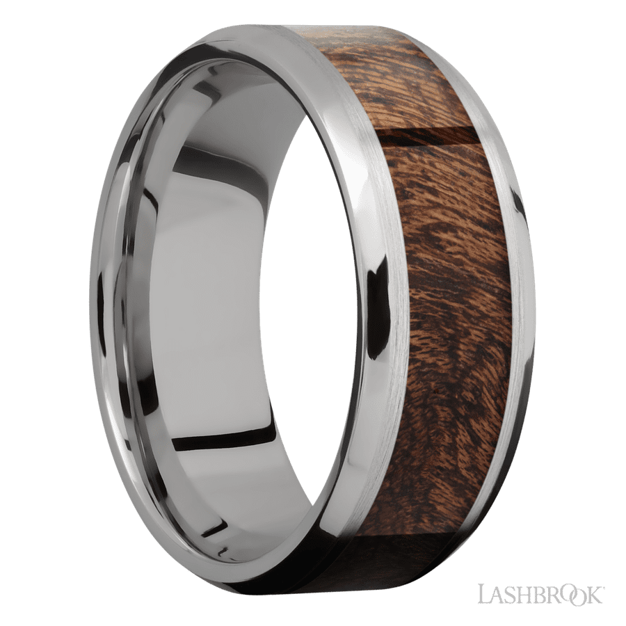 8 mm wide/Beveled/Titanium band with one 5 mm Centered inlay of Sapele.