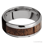 8 mm wide/Beveled/Titanium band with one 5 mm Centered inlay of Sapele.