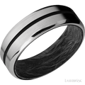 7 mm wide/Beveled/Titanium band with one 1 mm Centered inlay of Black also featuring a Forged Carbon Fiber sleeve.