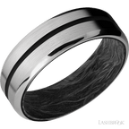 7 mm wide/Beveled/Titanium band with one 1 mm Centered inlay of Black also featuring a Forged Carbon Fiber sleeve.