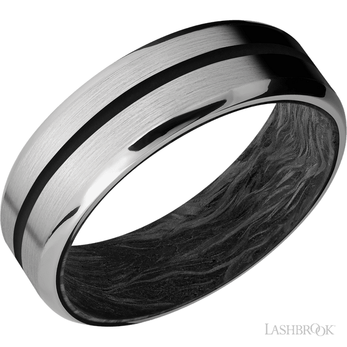 7 mm wide/Beveled/Titanium band with one 1 mm Centered inlay of Black also featuring a Forged Carbon Fiber sleeve.