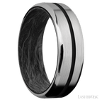 7 mm wide/Beveled/Titanium band with one 1 mm Centered inlay of Black also featuring a Forged Carbon Fiber sleeve.
