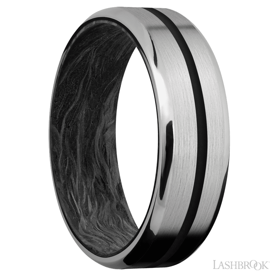 7 mm wide/Beveled/Titanium band with one 1 mm Centered inlay of Black also featuring a Forged Carbon Fiber sleeve.