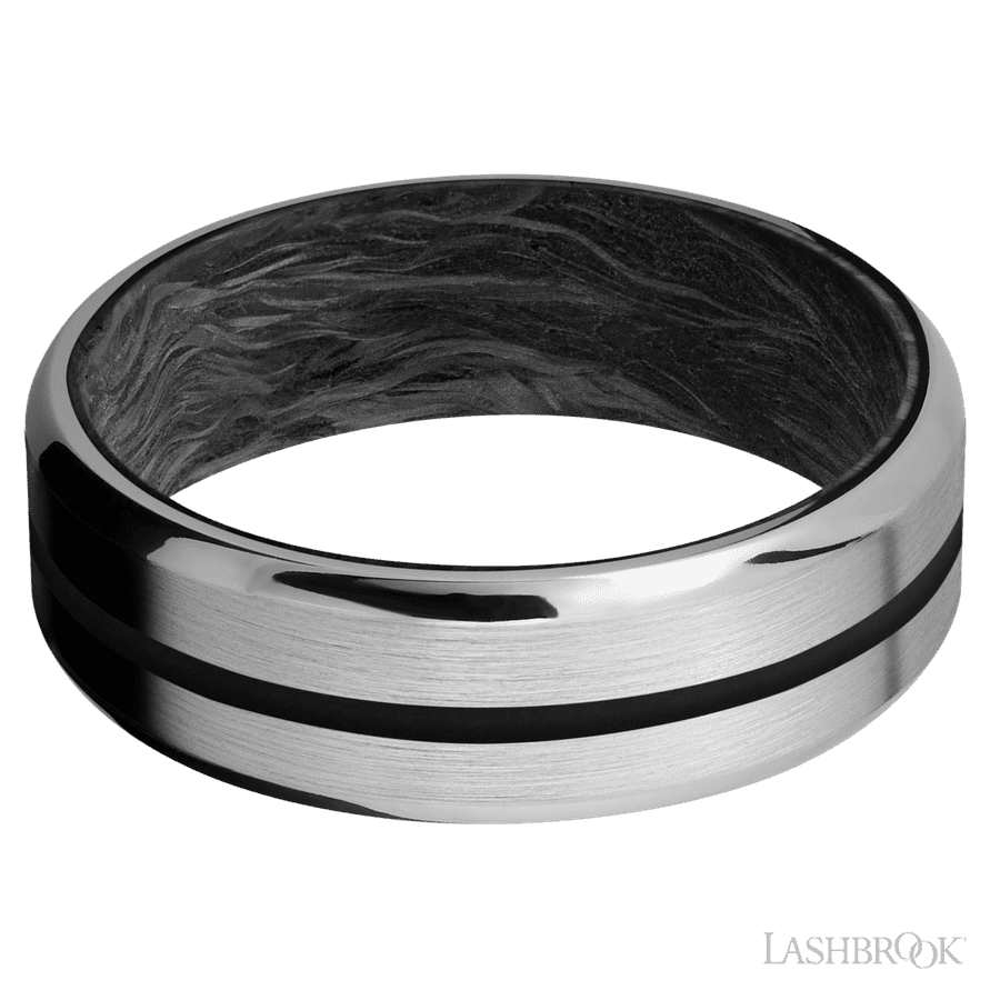 7 mm wide/Beveled/Titanium band with one 1 mm Centered inlay of Black also featuring a Forged Carbon Fiber sleeve.