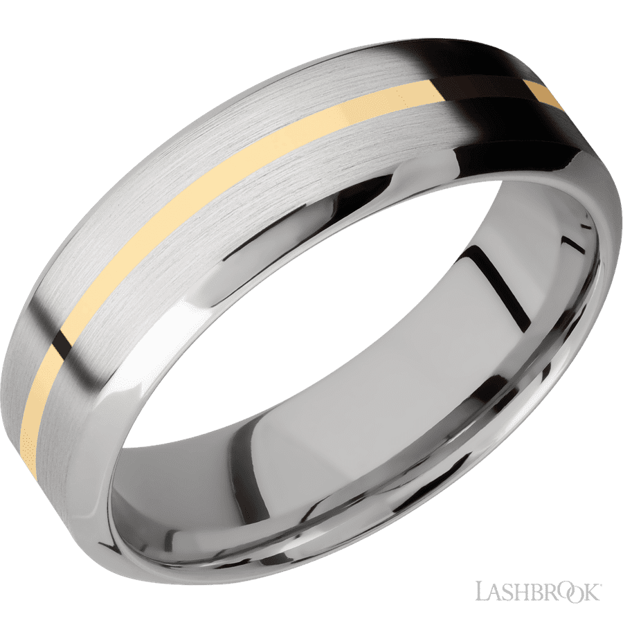 7 mm wide/High Bevel/14K White Gold band with one 1 mm Centered inlay of 14K Yellow Gold.