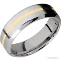 7 mm wide/High Bevel/14K White Gold band with one 1 mm Centered inlay of 14K Yellow Gold.