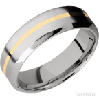 7 mm wide/High Bevel/14K White Gold band with one 1 mm Centered inlay of 14K Yellow Gold.