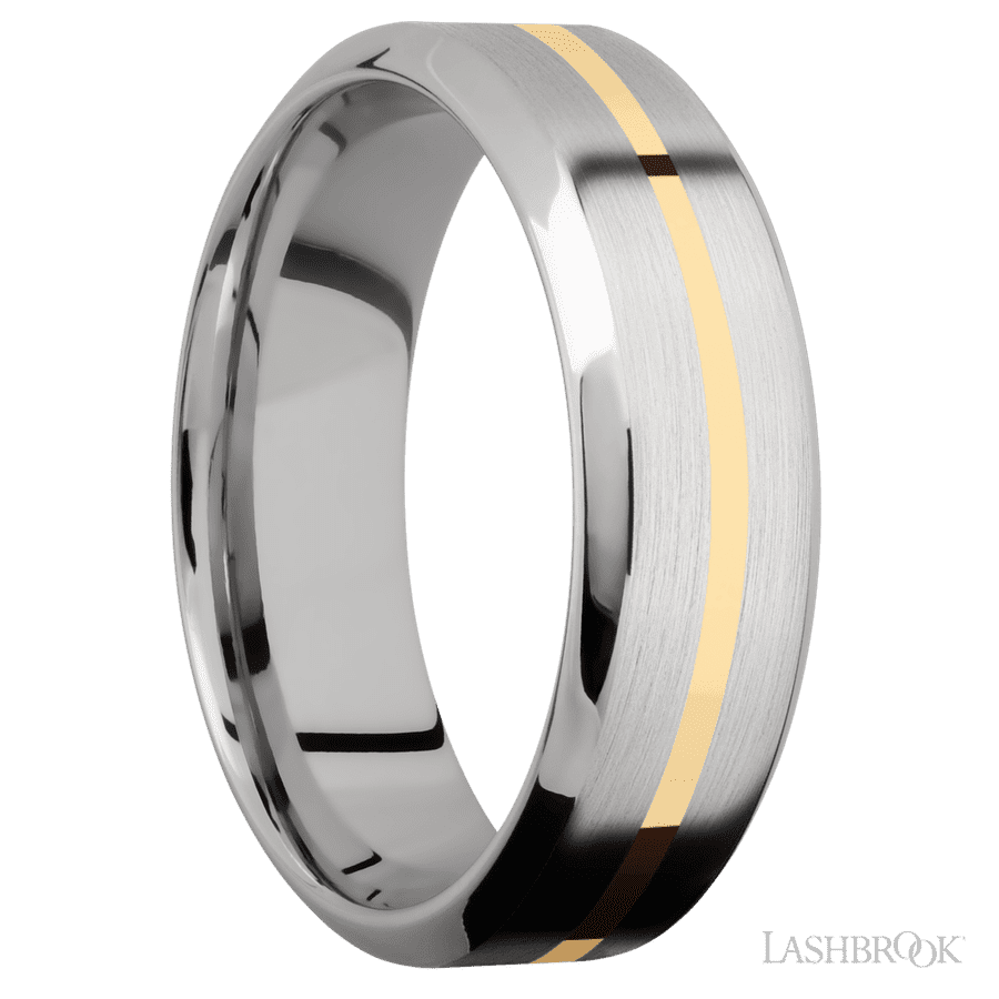 7 mm wide/High Bevel/14K White Gold band with one 1 mm Centered inlay of 14K Yellow Gold.