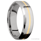 7 mm wide/High Bevel/14K White Gold band with one 1 mm Centered inlay of 14K Yellow Gold.