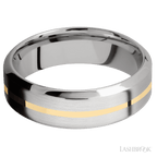 7 mm wide/High Bevel/14K White Gold band with one 1 mm Centered inlay of 14K Yellow Gold.
