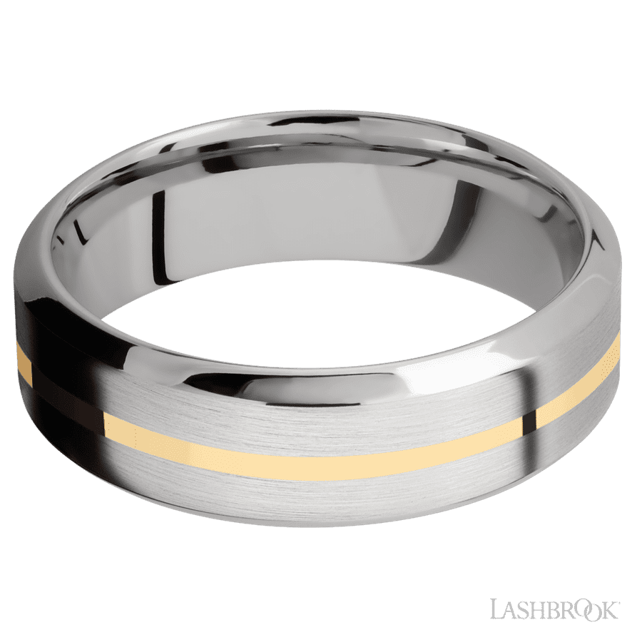 7 mm wide/High Bevel/14K White Gold band with one 1 mm Centered inlay of 14K Yellow Gold.
