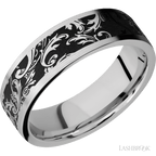 7 mm wide/Flat/Cobalt Chrome band with a laser carved Black Leaf pattern.