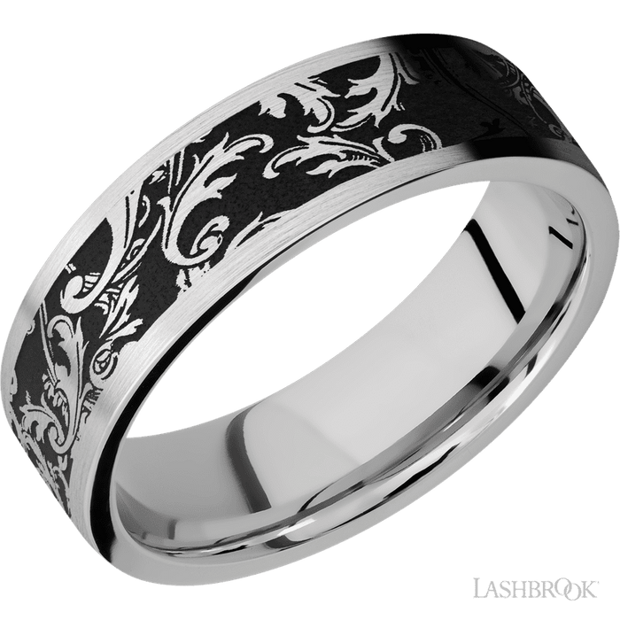 7 mm wide/Flat/Cobalt Chrome band with a laser carved Black Leaf pattern.