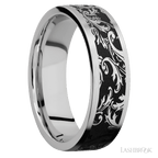 7 mm wide/Flat/Cobalt Chrome band with a laser carved Black Leaf pattern.