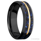 7 mm wide/Beveled/Zirconium band featuring inlays of Blue Tiger Eye and 14K Yellow Gold.