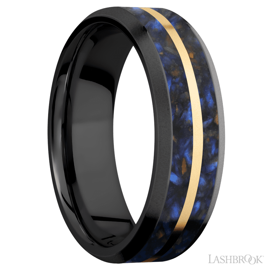 7 mm wide/Beveled/Zirconium band featuring inlays of Blue Tiger Eye and 14K Yellow Gold.