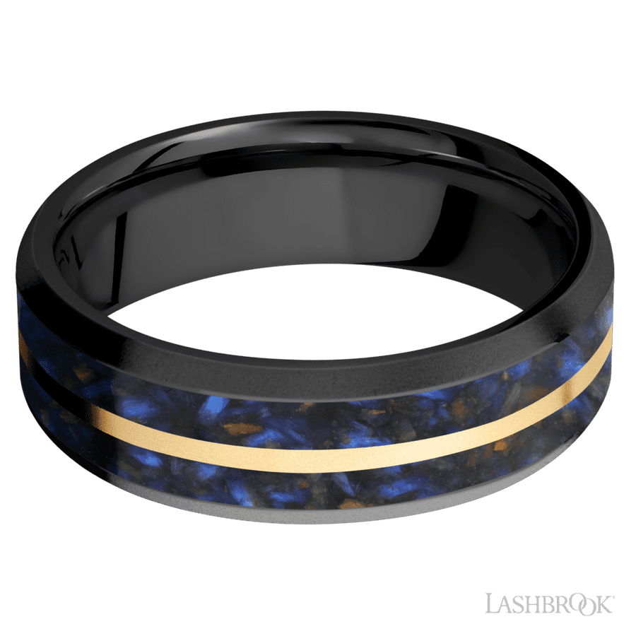 7 mm wide/Beveled/Zirconium band featuring inlays of Blue Tiger Eye and 14K Yellow Gold.