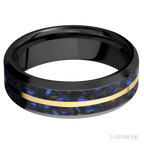 7 mm wide/Beveled/Zirconium band featuring inlays of Blue Tiger Eye and 14K Yellow Gold.