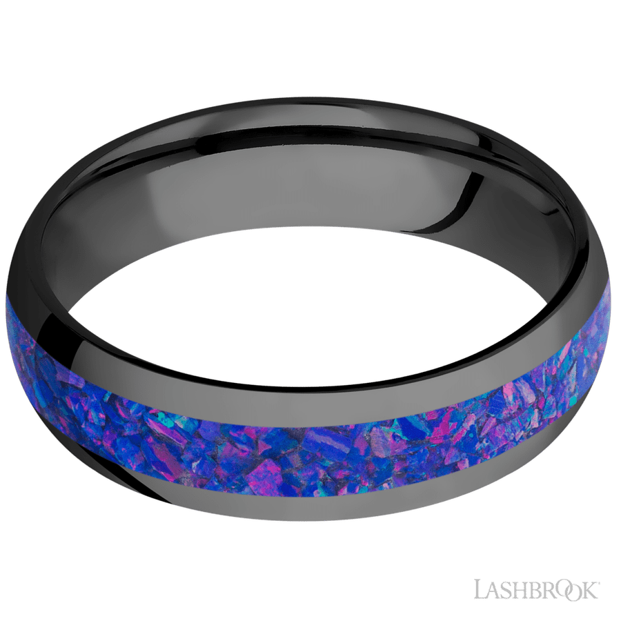 6 mm wide/Domed/Zirconium band with one 3 mm Centered inlay of Purple Opal.
