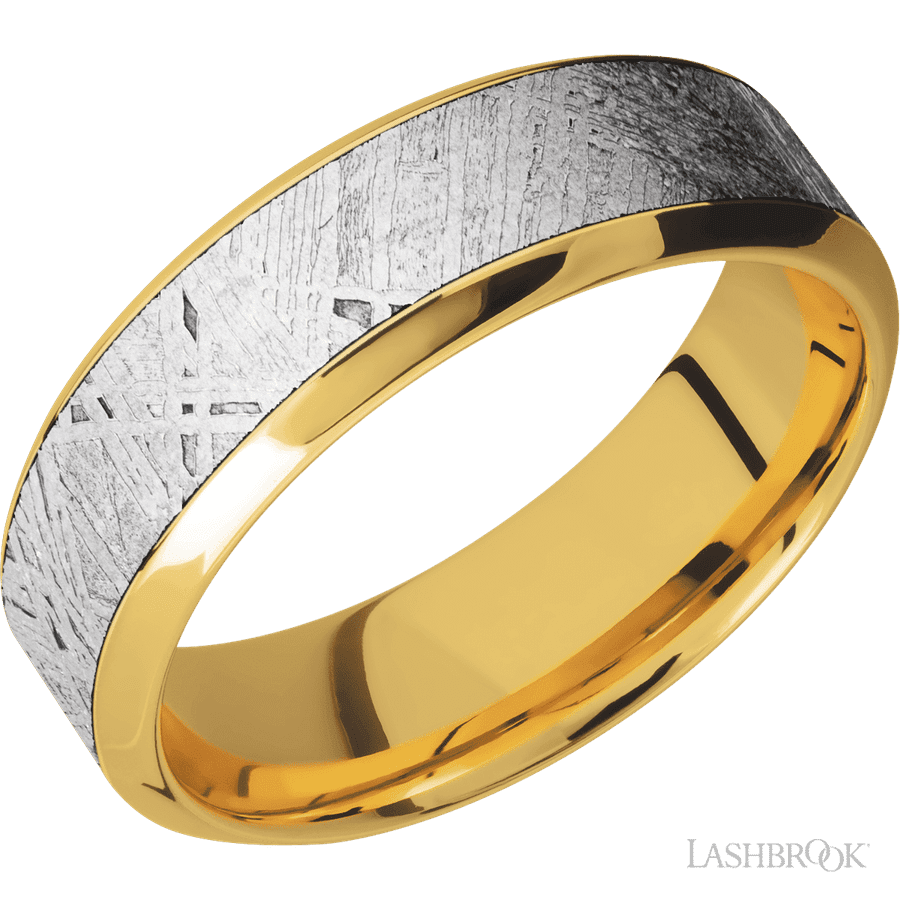 7 mm wide/High Bevel/18K Yellow Gold band with one 4 mm Centered inlay of Meteorite.