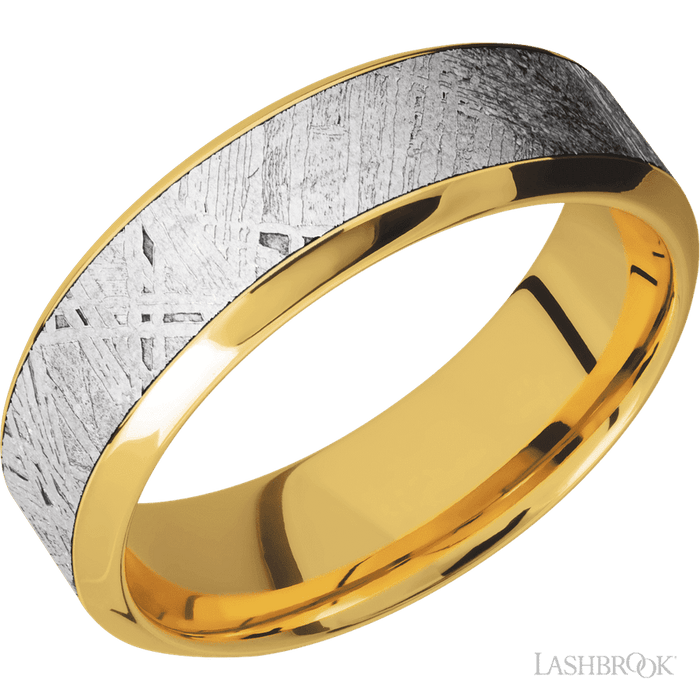 7 mm wide/High Bevel/18K Yellow Gold band with one 4 mm Centered inlay of Meteorite.