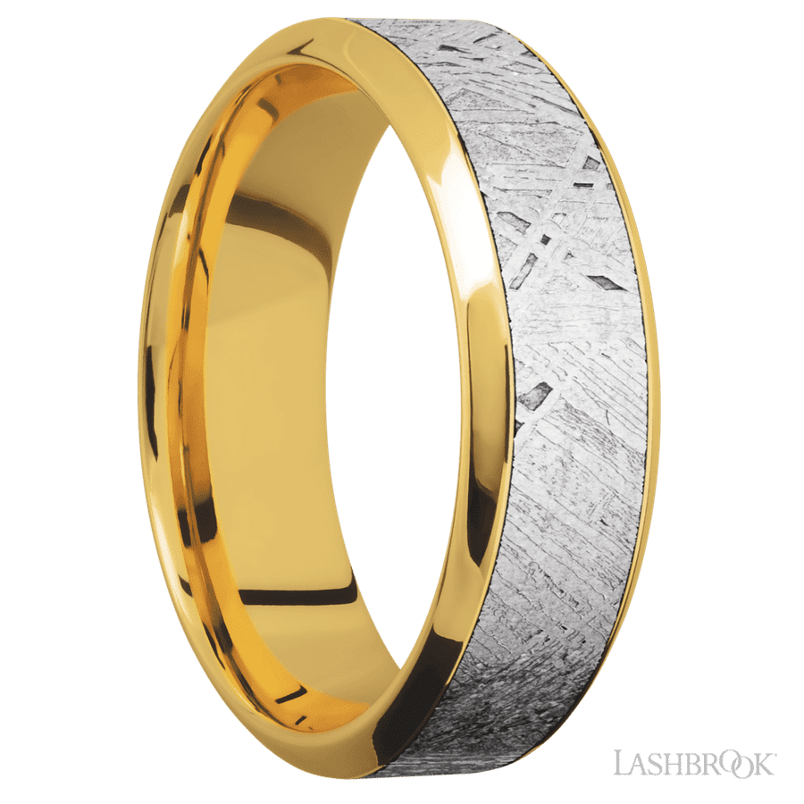 7 mm wide/High Bevel/18K Yellow Gold band with one 4 mm Centered inlay of Meteorite.