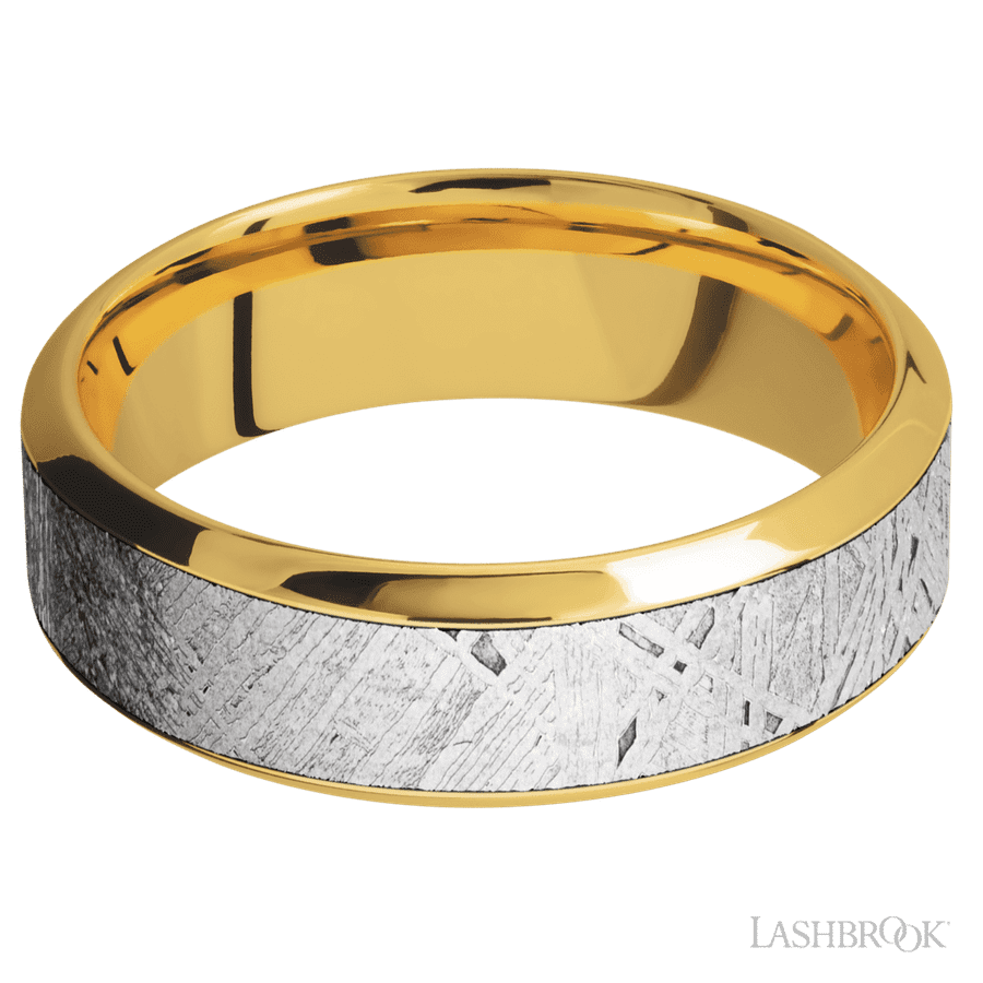 7 mm wide/High Bevel/18K Yellow Gold band with one 4 mm Centered inlay of Meteorite.