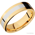 7 mm wide/Flat/14K Yellow Gold band with one 3 mm Centered inlay of 14K White Gold.