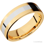 7 mm wide/Flat/14K Yellow Gold band with one 3 mm Centered inlay of 14K White Gold.