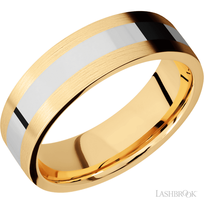 7 mm wide/Flat/14K Yellow Gold band with one 3 mm Centered inlay of 14K White Gold.