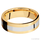 7 mm wide/Flat/14K Yellow Gold band with one 3 mm Centered inlay of 14K White Gold.